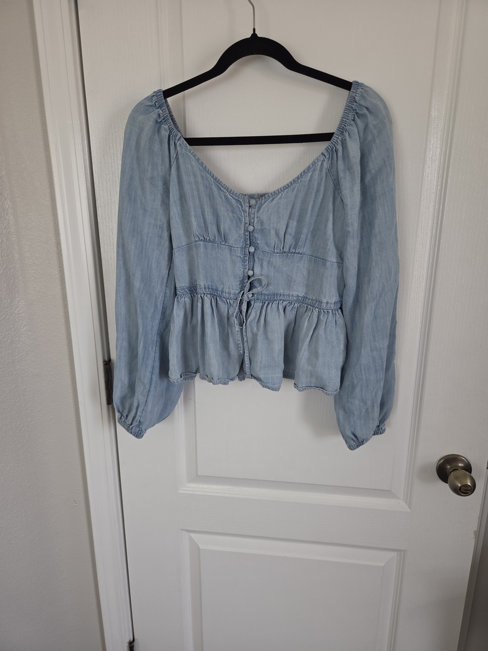 aerie Light Blue Button-Front Peasant Top